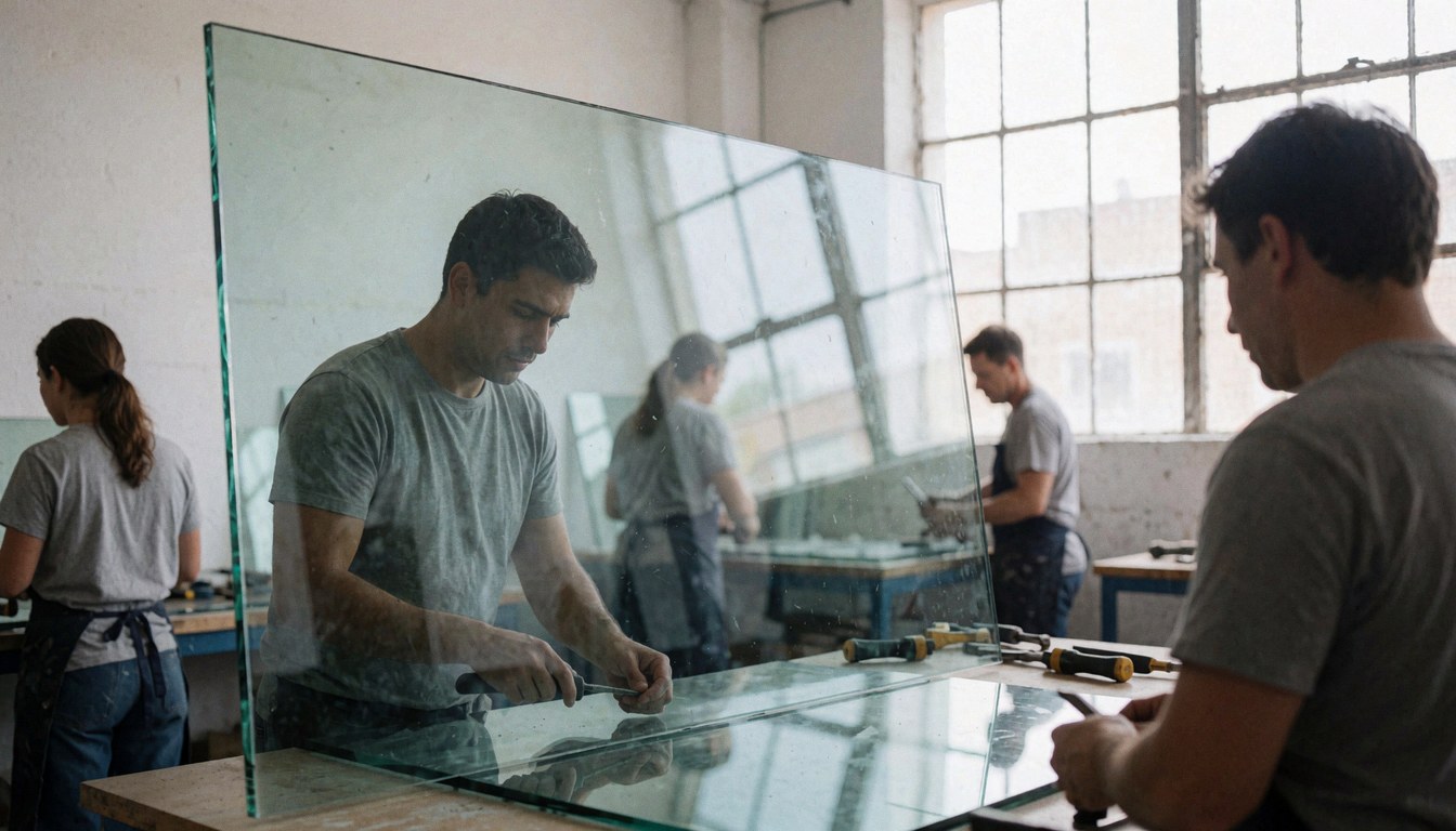 Workers cutting a large tempered glass panel with tools in an industrial workshop with white walls and natural light.