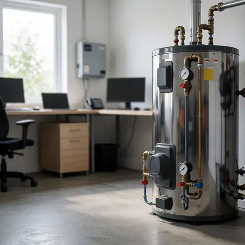 Close-up view of a metal boiler unit featuring pressure gauges and connected piping in a clean technical setting.