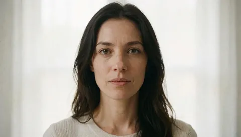 A serious woman with dark hair looks directly at the camera in a softly lit room near a window.