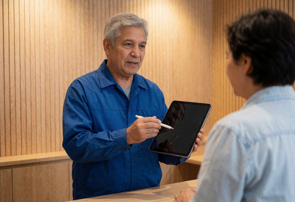 A technician in a blue uniform uses a tablet to explain a cell phone repair to a customer at a wooden counter.