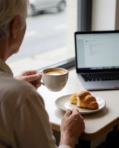 A senior customer relaxes with a laptop while enjoying coffee and a croissant in a cozy cafe.