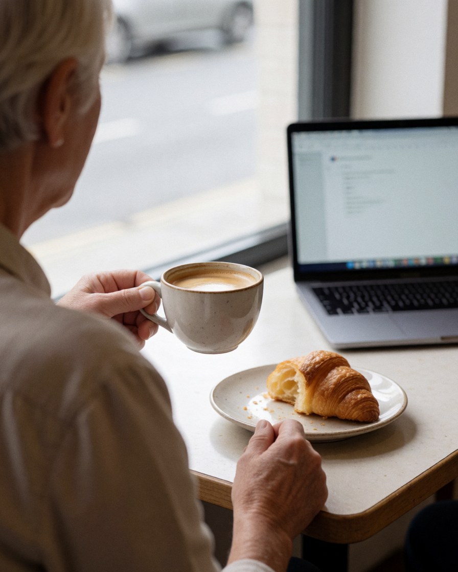A senior customer relaxes with a laptop while enjoying coffee and a croissant in a cozy cafe.