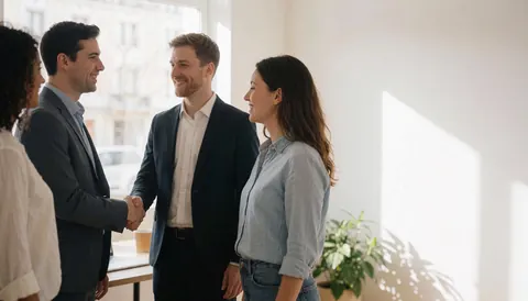 Two men shaking hands in an office with natural light while a smiling woman stands nearby against white walls and a plant.