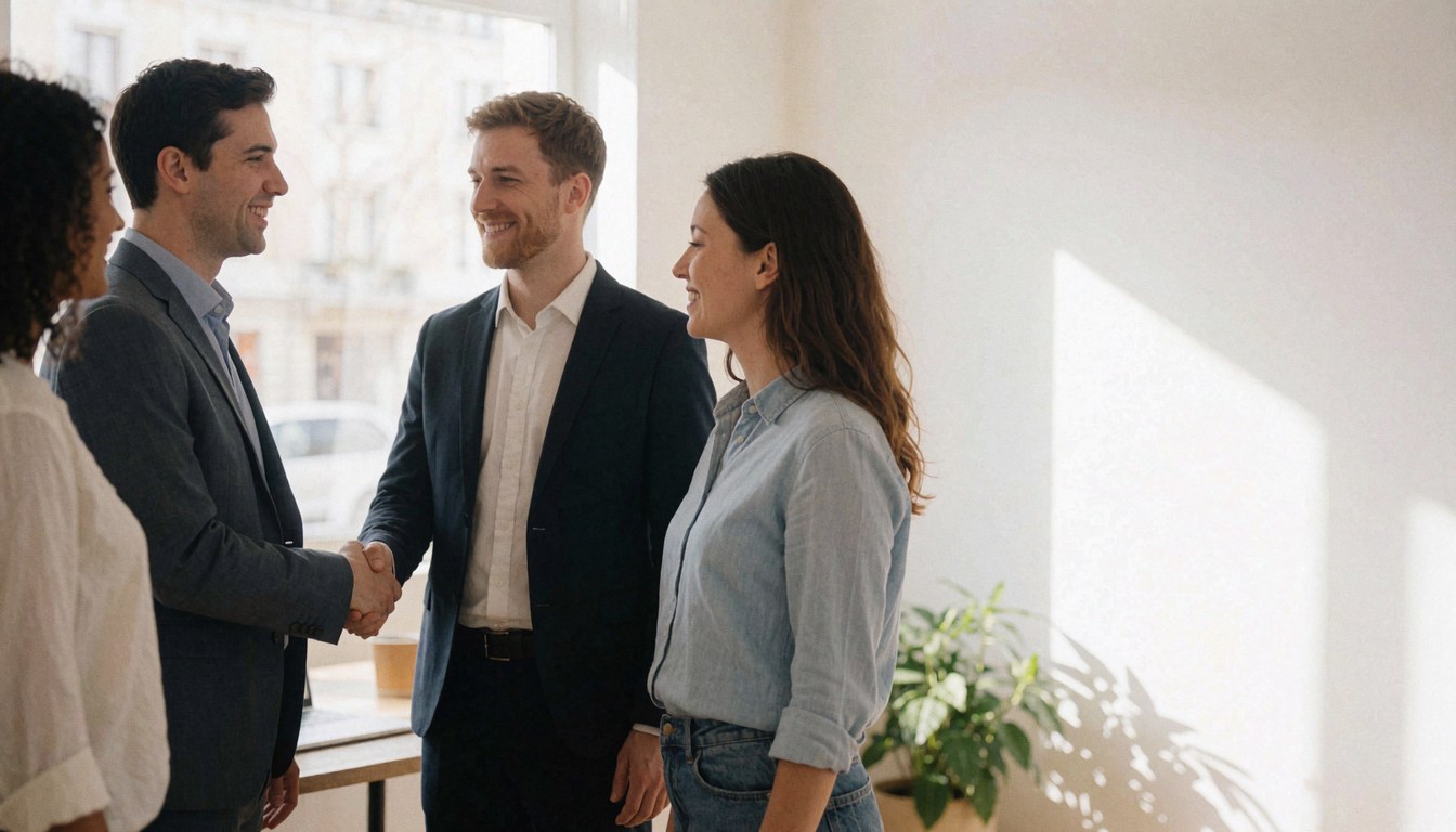 Two men shaking hands in an office with natural light while a smiling woman stands nearby against white walls and a plant.