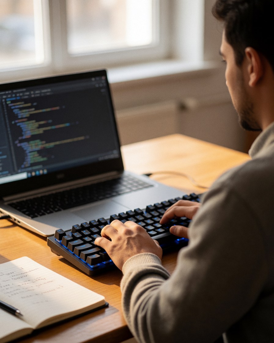 A student programming on a laptop with a blue mechanical keyboard and notebook on a wooden desk during a coding course.