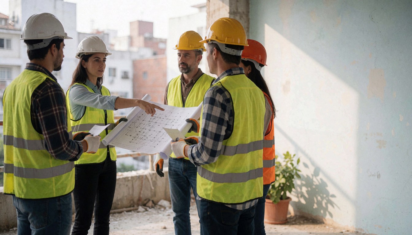 A female architect wearing a reflective vest and hard hat reviews architectural plans at an active urban construction site.