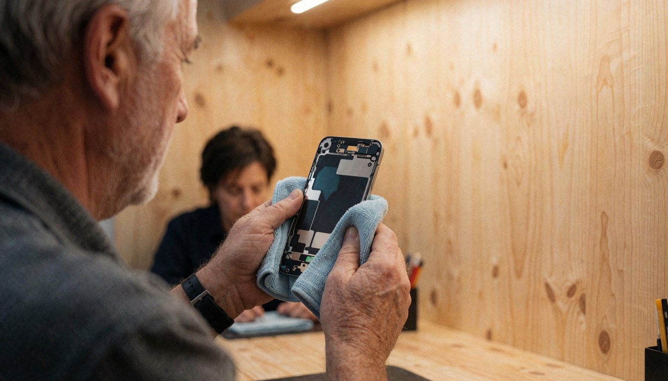 Technician cleaning a disassembled cell phone screen with a cloth in a workshop setting