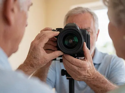 A photographer adjusts the focus ring on a camera lens in a studio with beige walls and a blurred background.