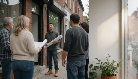 A man holds architectural plans while standing before a brick building with a group observing the construction site.