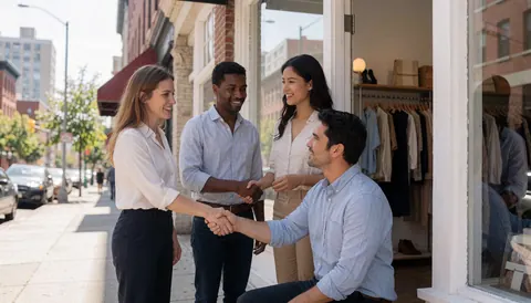 Four entrepreneurs celebrating together at the entrance of a fashion store with clothing hanging on racks and a display window visible nearby.