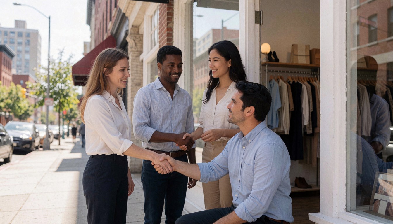 Four entrepreneurs celebrating together at the entrance of a fashion store with clothing hanging on racks and a display window visible nearby.