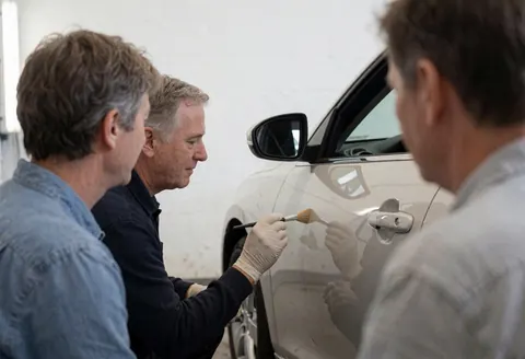 Technician wearing gloves applies paint to a white car panel in a workshop while three people observe the work.
