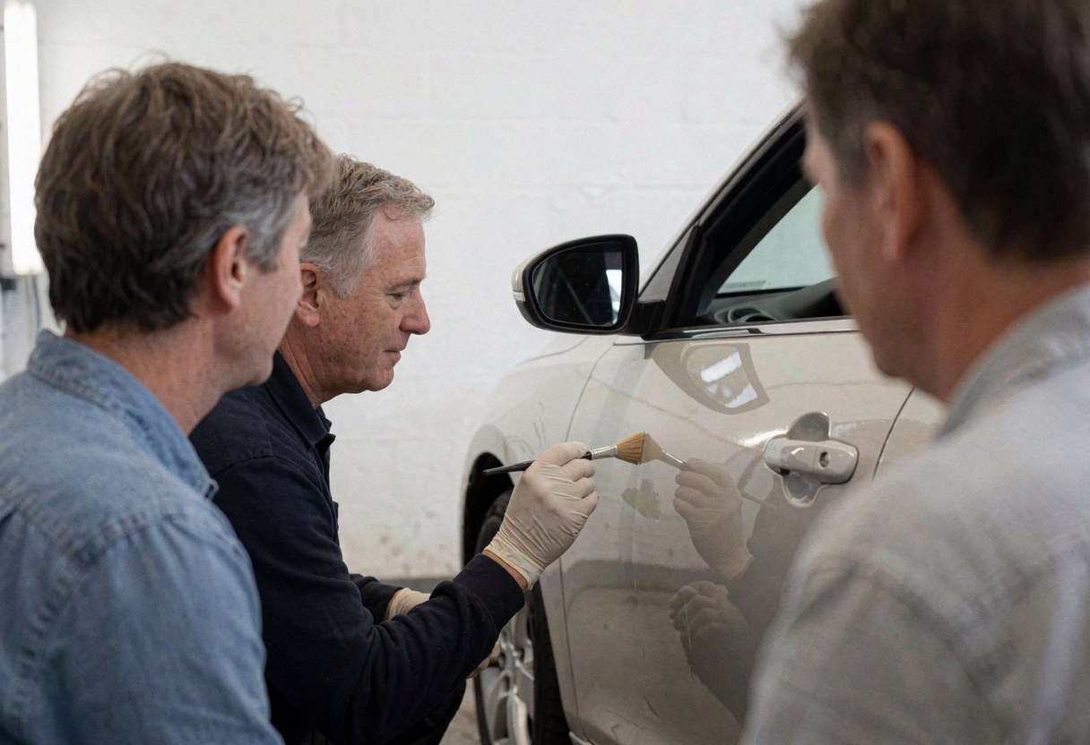 Technician wearing gloves applies paint to a white car panel in a workshop while three people observe the work.