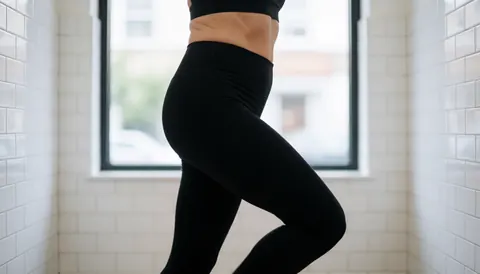 A dancer moving dynamically within a bright studio featuring white tiled walls and a window with an outdoor view.