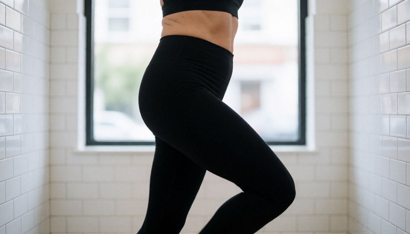 A dancer moving dynamically within a bright studio featuring white tiled walls and a window with an outdoor view.