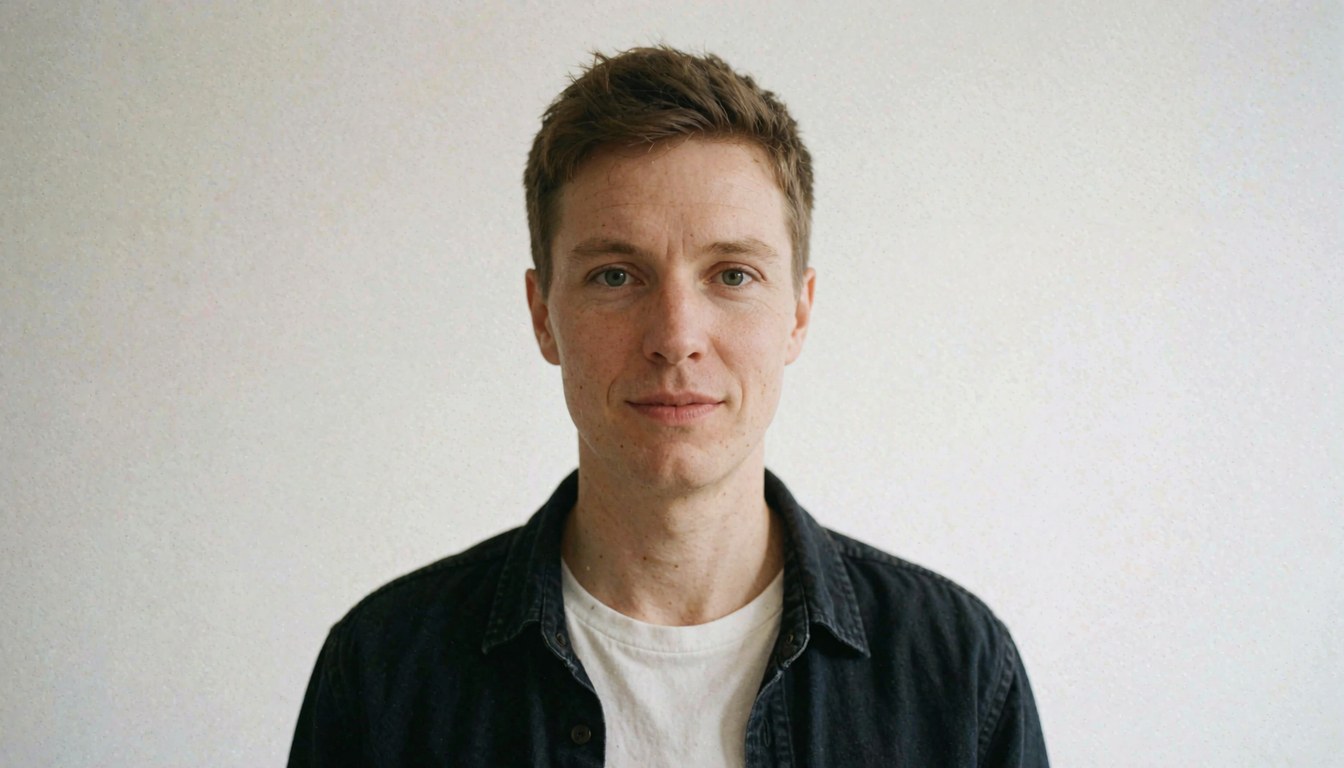 A businessman wearing a dark shirt over a white t-shirt looks directly at the camera against a neutral white backdrop.
