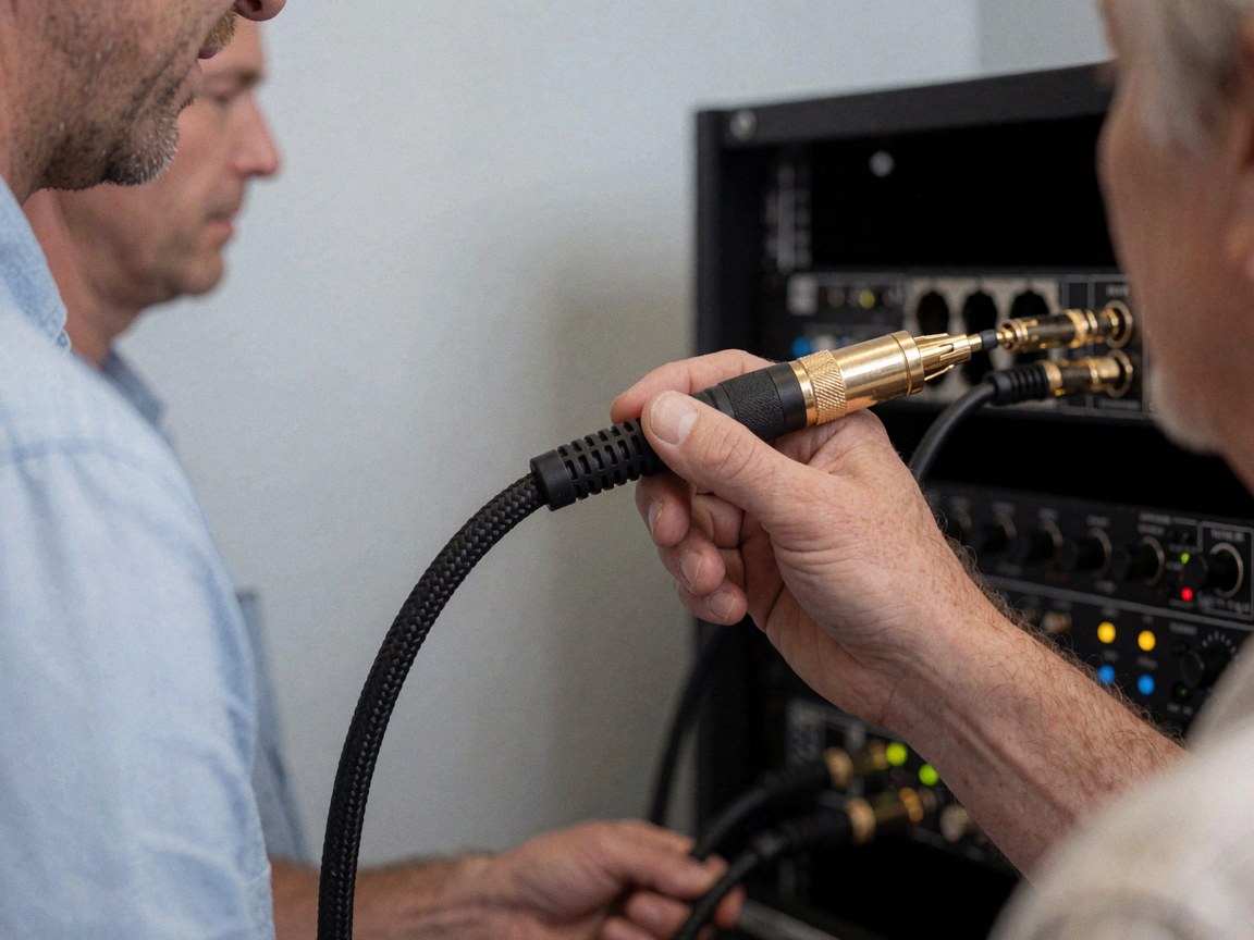 Close-up of a hand plugging a gold XLR connector into a rack-mounted audio interface with illuminated LEDs in an entertainment center.