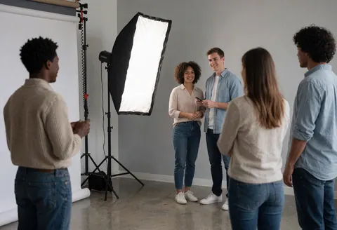 Team members posing in a professional photography studio with softbox lighting and white background for corporate headshots.