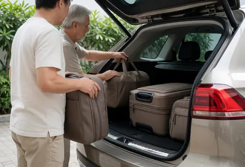 Driver loads suitcases into the back of a parked SUV in a garden setting.