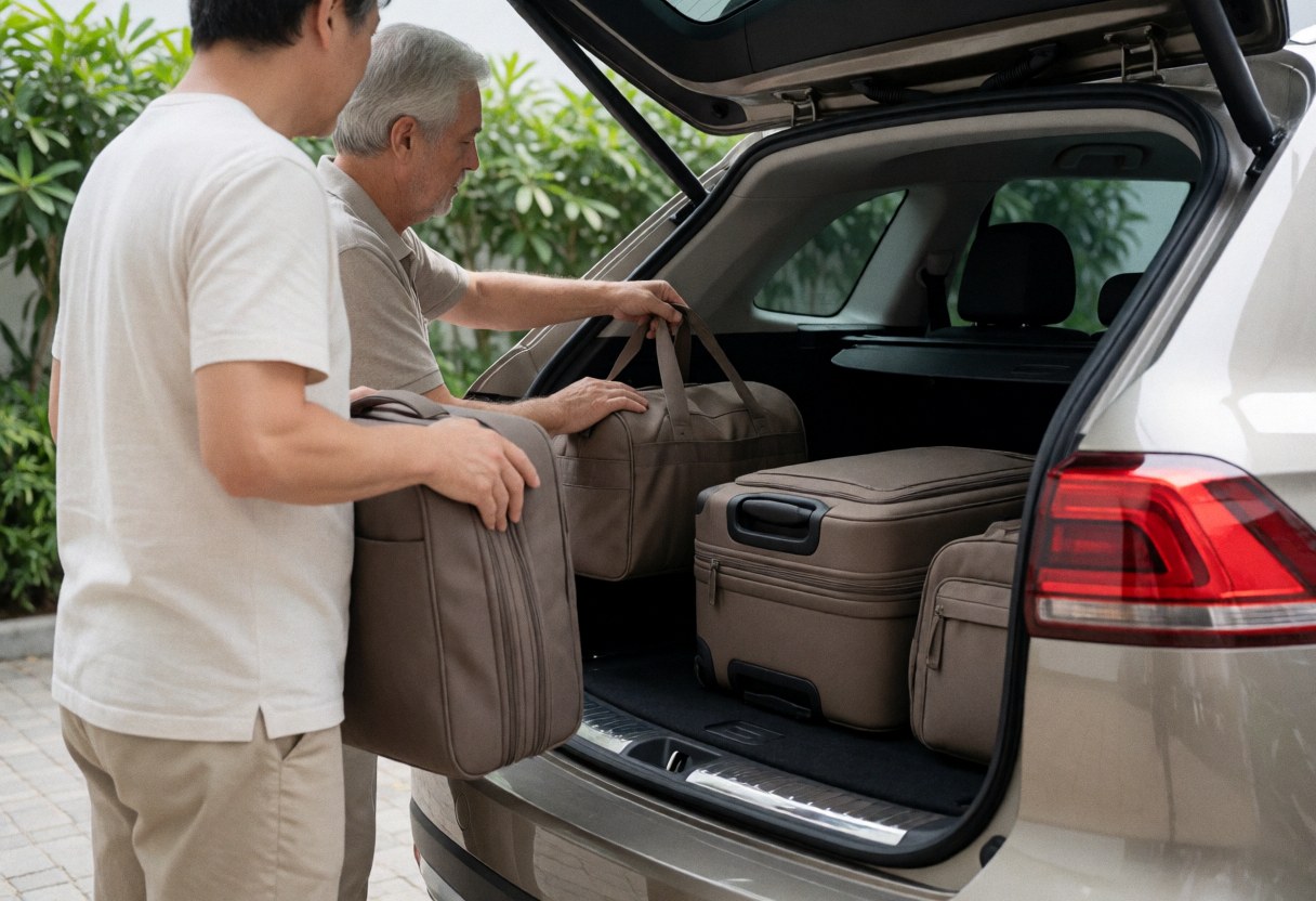 Driver loads suitcases into the back of a parked SUV in a garden setting.
