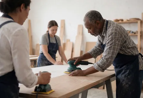 A man uses an electric sander on a wooden table while two people work nearby in a carpentry shop.