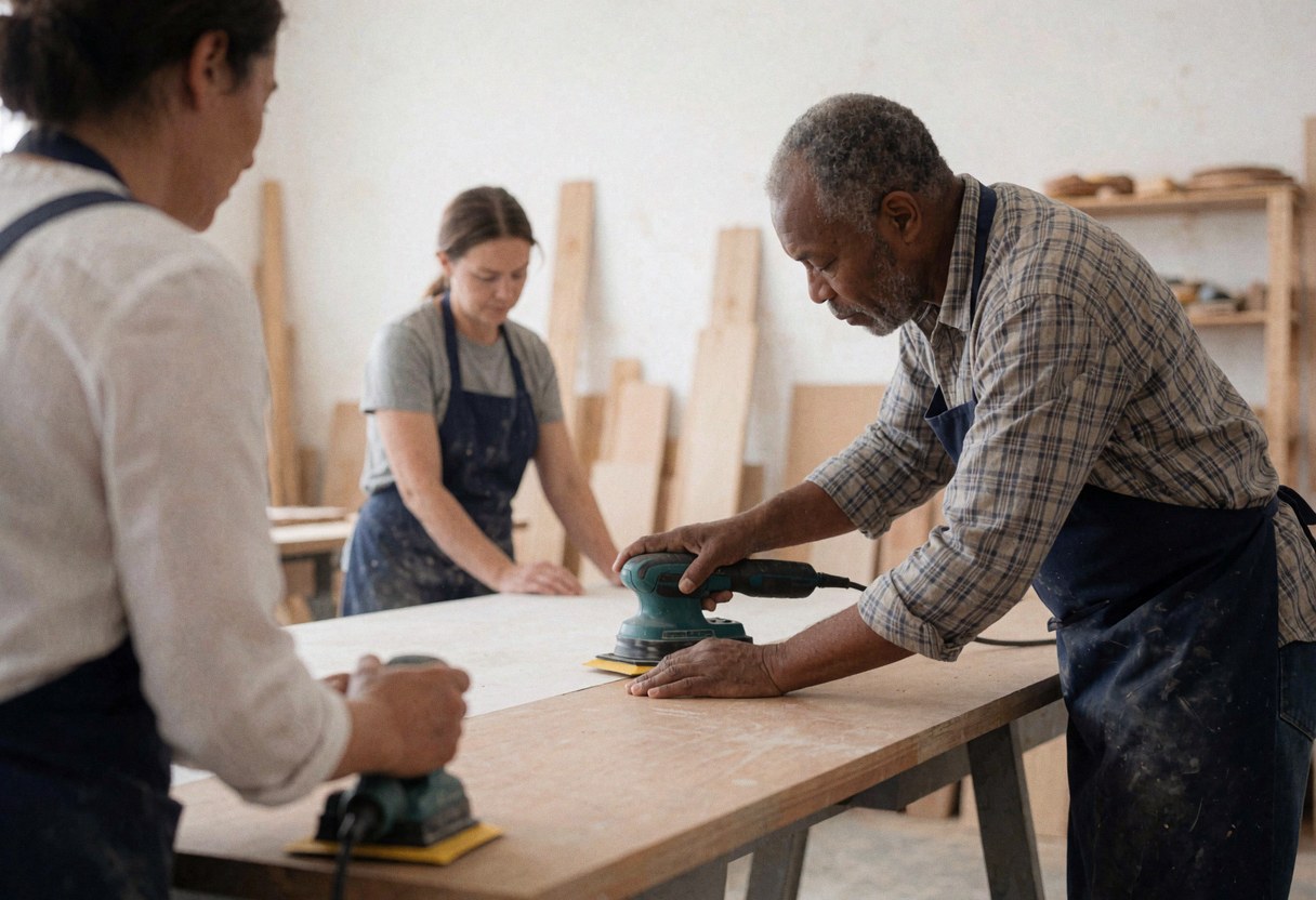 A man uses an electric sander on a wooden table while two people work nearby in a carpentry shop.