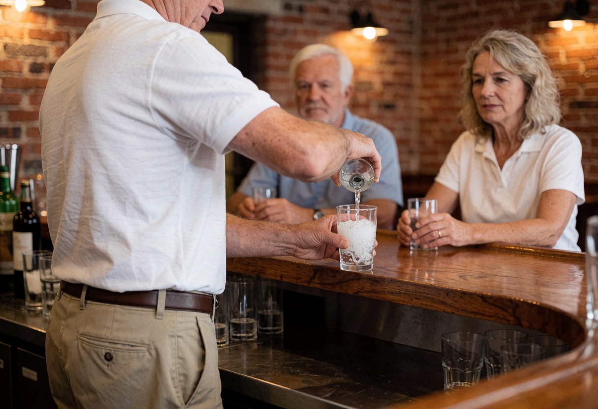 A waiter pours water into a glass behind a wooden bar with brick walls and warm lighting while customers sit nearby.