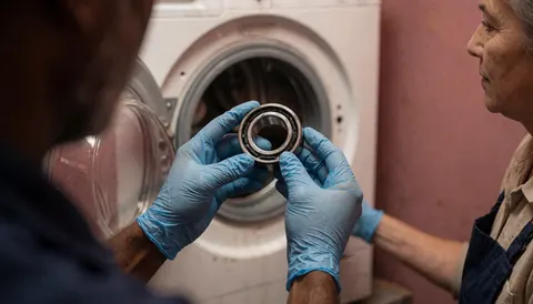 Technician wearing blue gloves holds a metal bearing in front of a white washing machine in a workshop with a pink wall.
