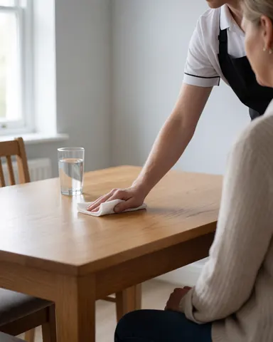A professional cleaner uses a cloth to wipe a polished wooden table in front of a seated client.
