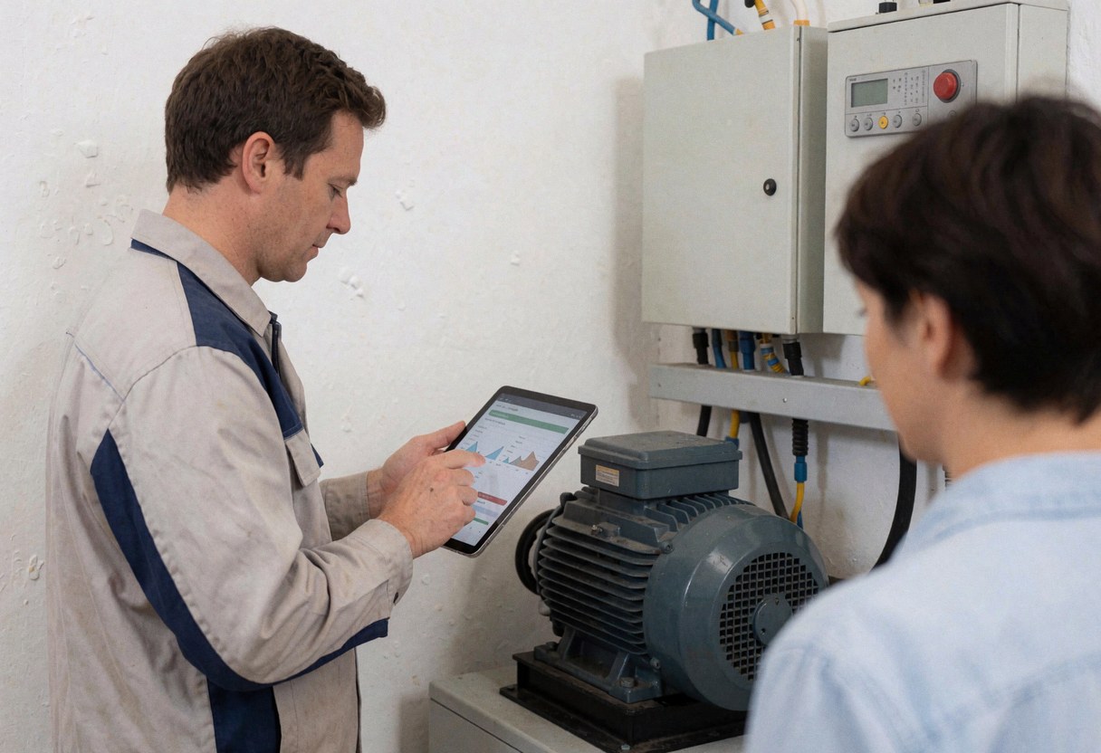 Technician checks diagnostic data on a tablet while standing next to an electric motor and control panel in a white room.