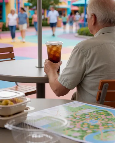 A relaxed man enjoys a cold beverage at an outdoor table in a theme park with a park map visible in the foreground.
