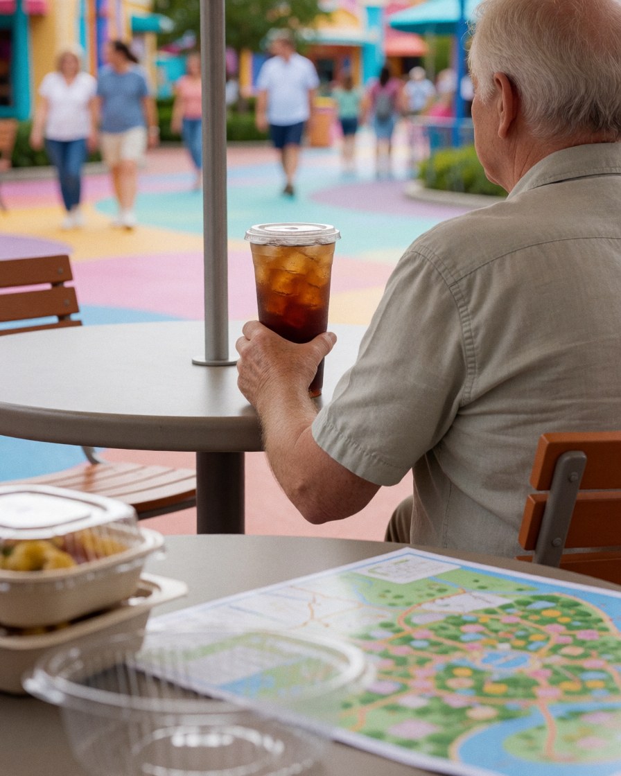A relaxed man enjoys a cold beverage at an outdoor table in a theme park with a park map visible in the foreground.
