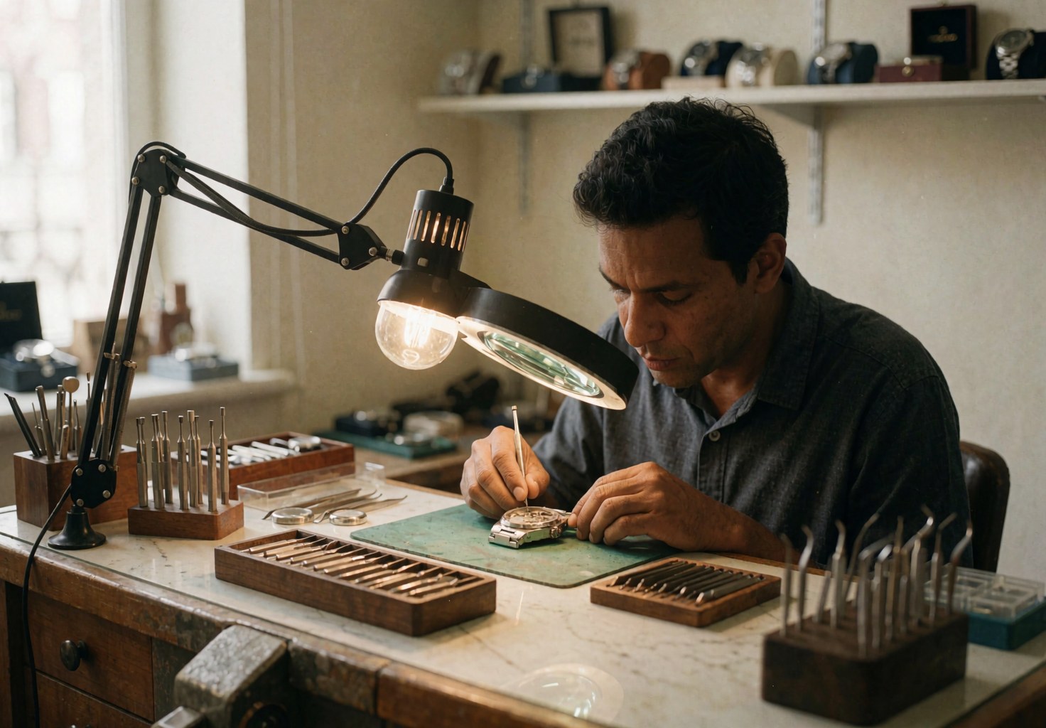 Close-up view of a watchmaker's hands using tools to repair a watch movement under the focused light of a magnifying lamp on a workbench.