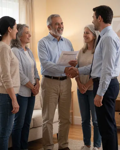 A happy older customer smiles while receiving a document from a home service technician in a warm indoor setting.