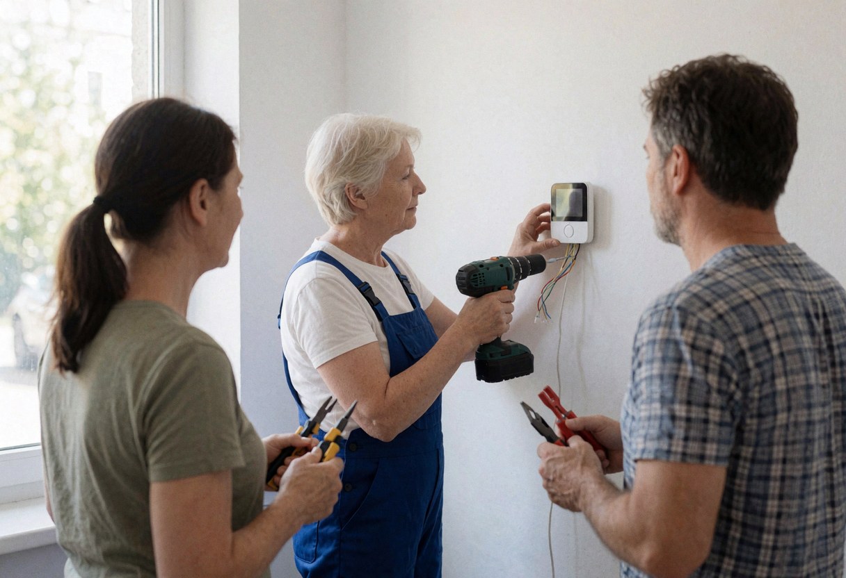 Technician in overalls installs a modern thermostat on a white wall while two clients watch holding tools near a window with natural light.