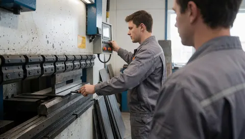 A worker adjusts a sheet of steel in a hydraulic press machine while another man stands nearby watching the process closely.