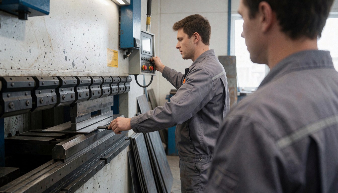A worker adjusts a sheet of steel in a hydraulic press machine while another man stands nearby watching the process closely.