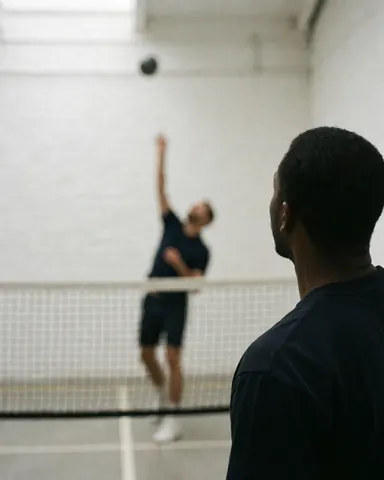 A volleyball player in action with a visible net against a white brick wall and a ball in the air.
