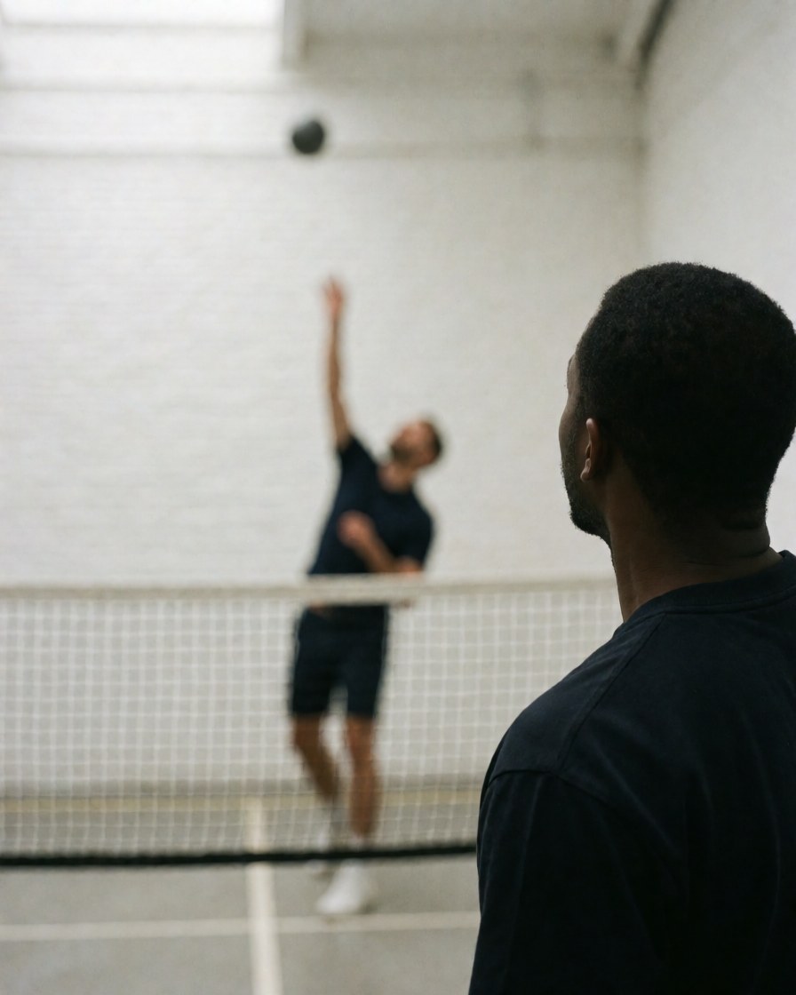 A volleyball player in action with a visible net against a white brick wall and a ball in the air.
