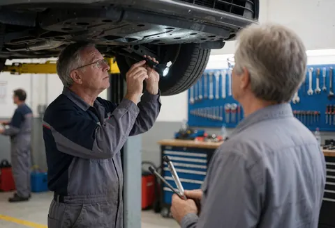Mechanic uses flashlight to inspect car chassis in workshop with tools on wall and client observing service
