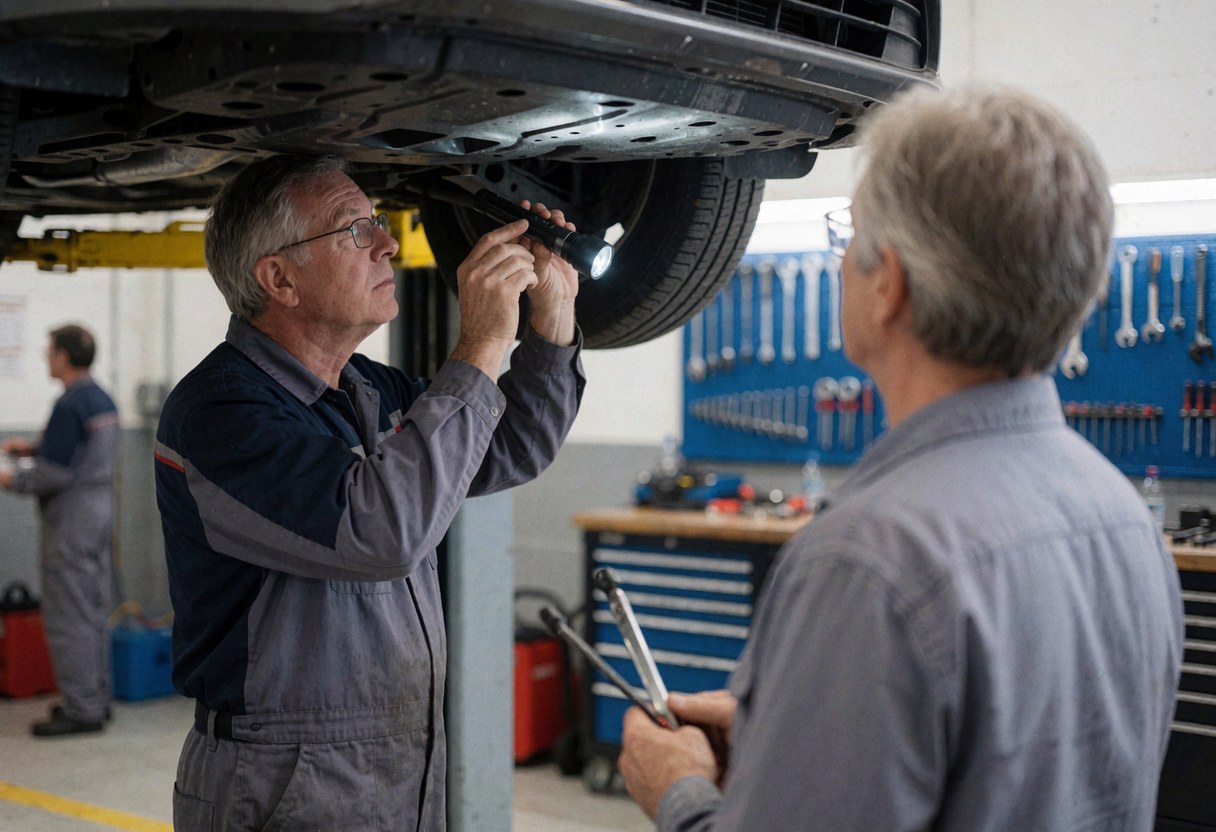 Mechanic uses flashlight to inspect car chassis in workshop with tools on wall and client observing service