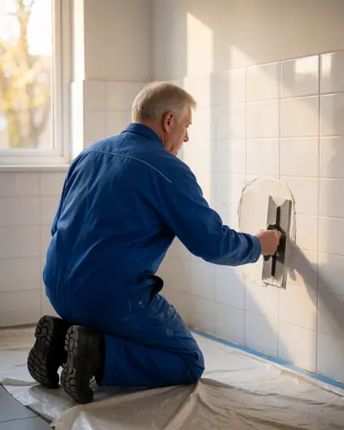 A tiler spreads tile adhesive on a white tiled wall using a notched trowel in natural light during a home renovation project.