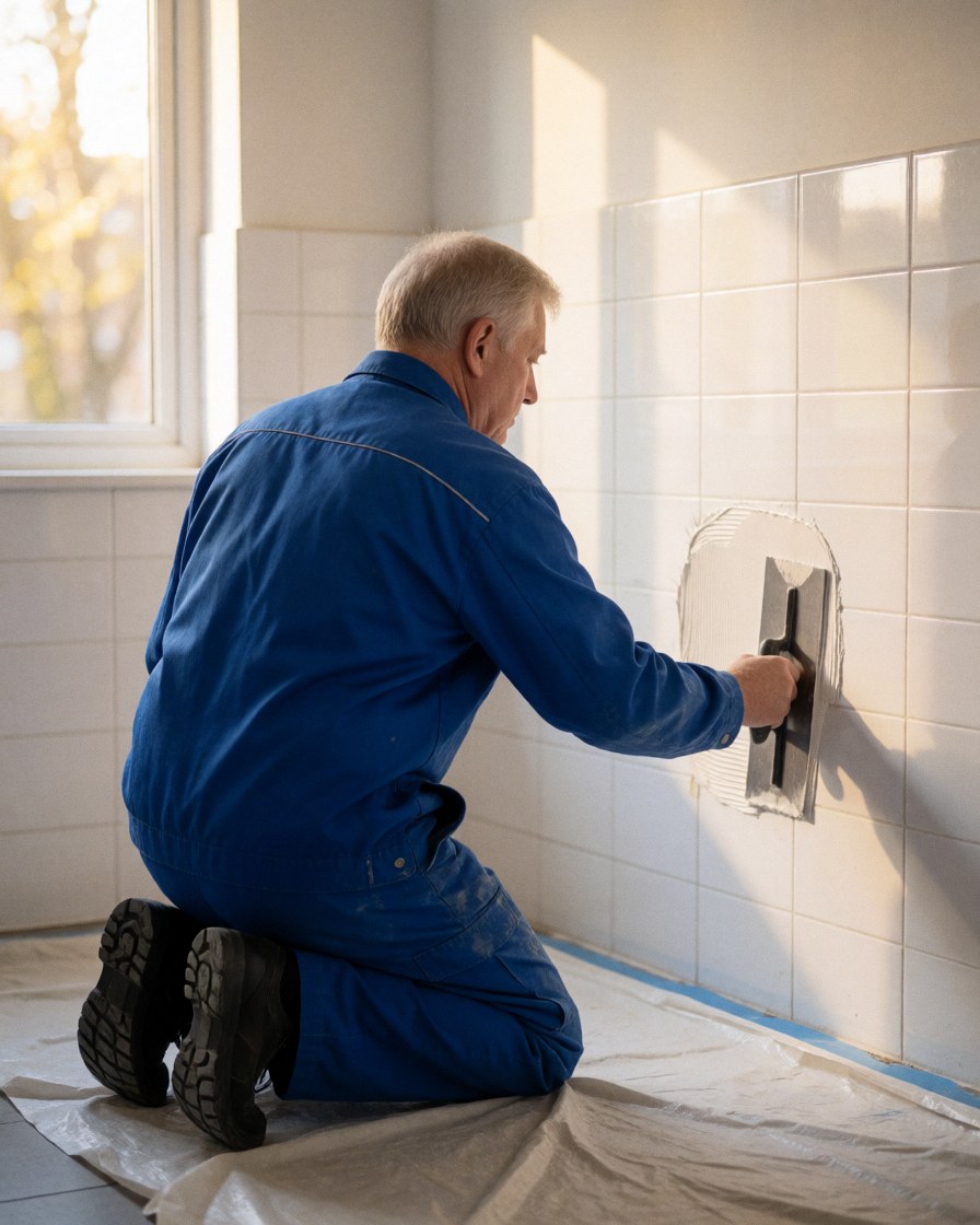 A tiler spreads tile adhesive on a white tiled wall using a notched trowel in natural light during a home renovation project.