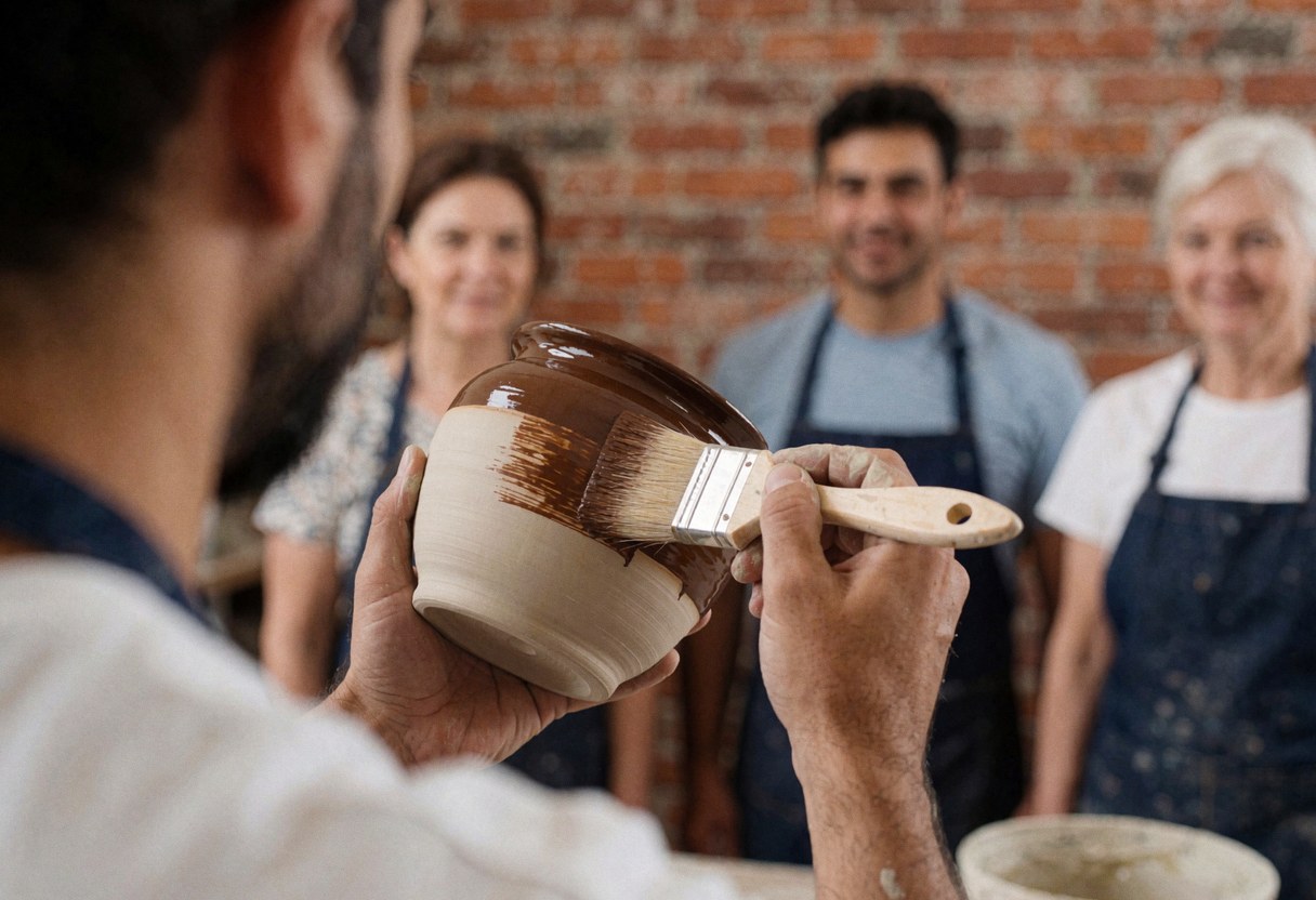 Close-up of hands using a brush to apply glaze to a ceramic bowl during a pottery workshop session.
