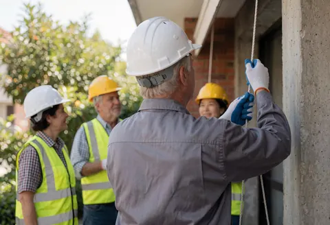 A worker adjusts an awning cord against a brick wall while colleagues observe the installation process.