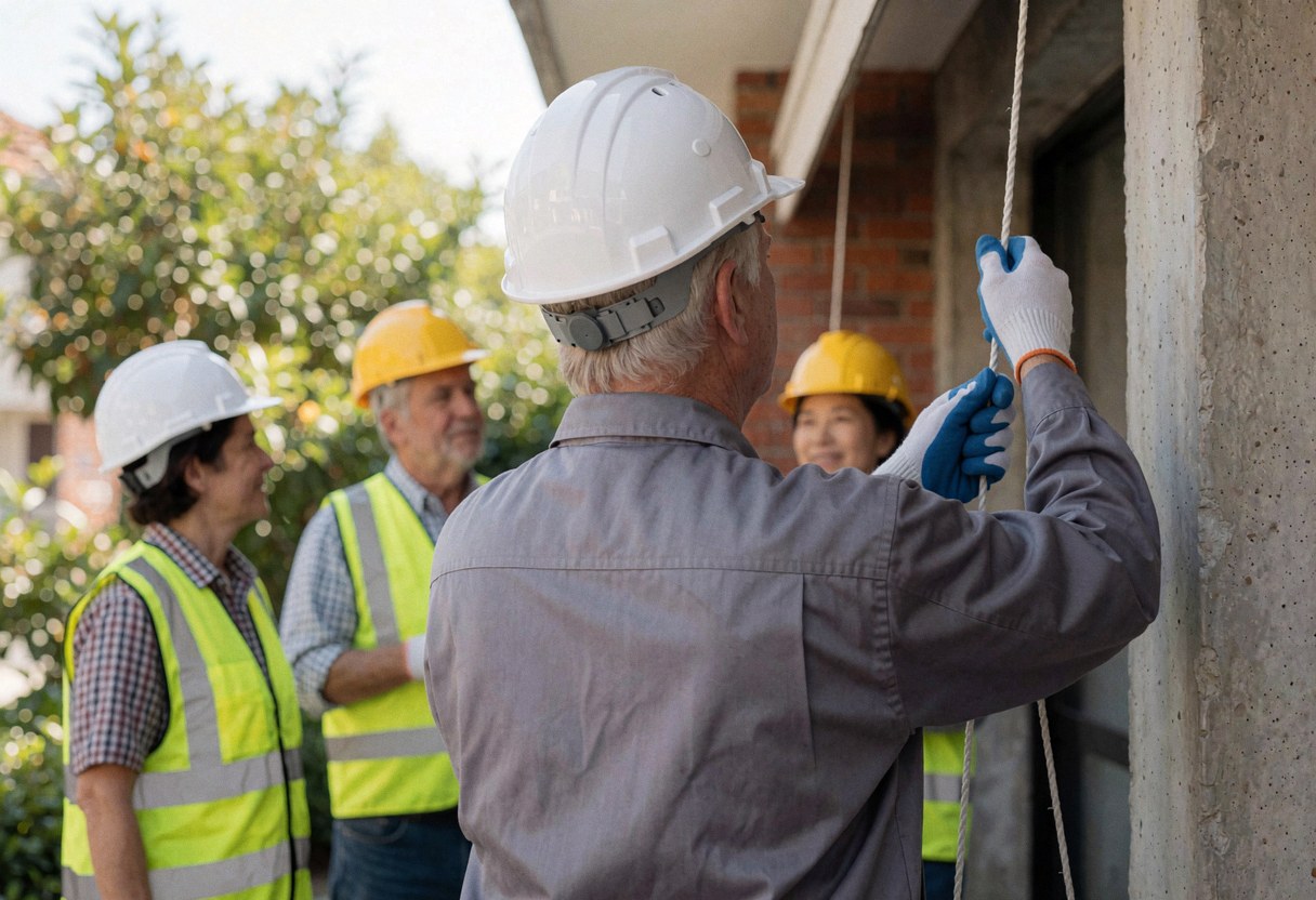 A worker adjusts an awning cord against a brick wall while colleagues observe the installation process.