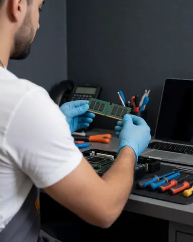 Technician with blue gloves installs a RAM module into a computer on a workbench with tools in an electronics repair workshop.