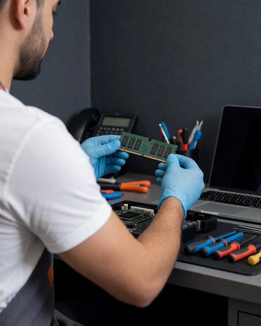 Technician with blue gloves installs a RAM module into a computer on a workbench with tools in an electronics repair workshop.