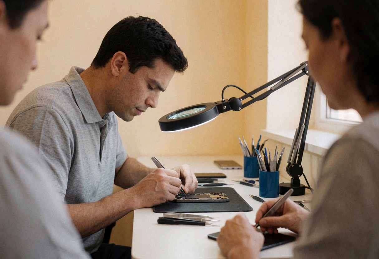 Close-up view of a technician inspecting a mobile phone chassis with a magnifying glass in a repair workshop setting.
