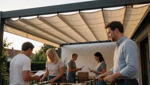Workers installing a retractable awning in a backyard during sunset with tools and blueprints visible.